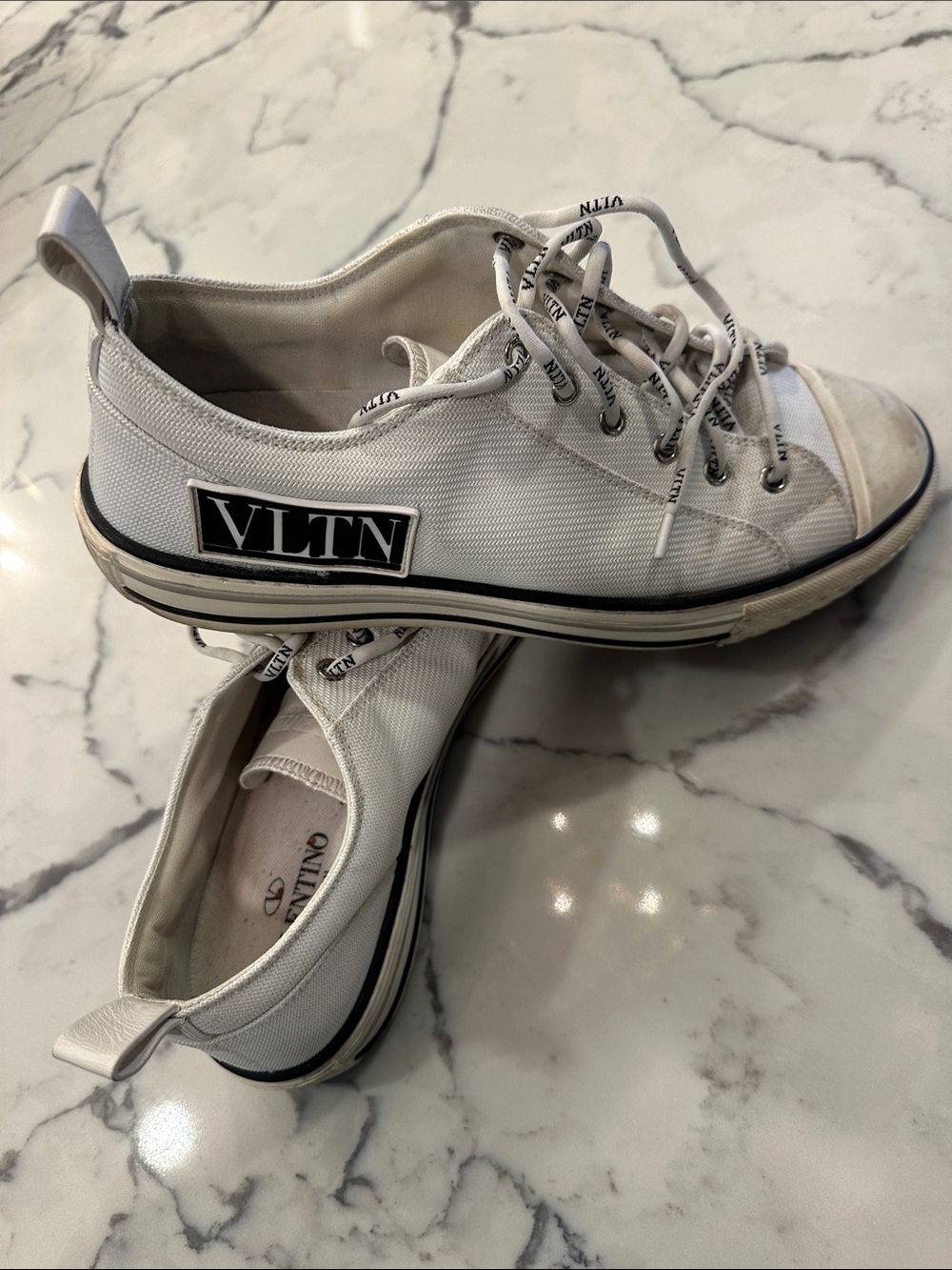 Valentino White Low-Top VLTN Canvas Sneakers with Black Logo Trim